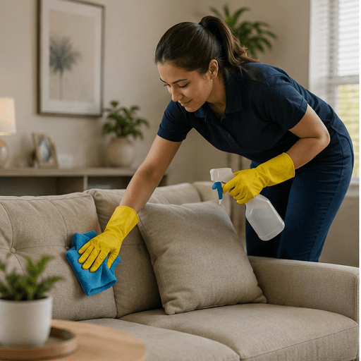 A StenClear cleaner in a navy uniform tidying a bright, neutral living room