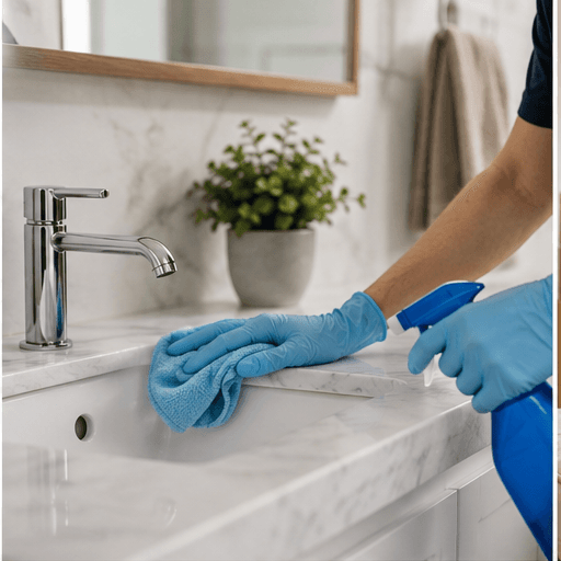Gloved hands deep cleaning a bathroom sink